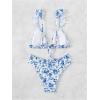imageWomens 2 Piece Bikini Sets High Cut Ruffle Trim Triangle Floral Bathing Suit Wireless Tie Back SwimsuitBlue and White