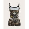 imageWomens 2 Piece Camo Print Outfits Lace Ruched Cropped Camisole Tops and Mini Shorts Summer SetMulticolor