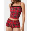 imageWomens 2 Piece Camo Print Outfits Lace Ruched Cropped Camisole Tops and Mini Shorts Summer SetRed