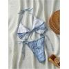 imageWomens 2 Piece Denim Print String Bikini Sets Backless Halter Triangle Bathing Suit SwimsuitsLight Blue
