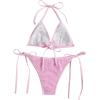imageWomens 2 Piece Sparkle Bikini Sets Halter Micro Triangle Swimsuit Sequin Bathing Suit Tie Side Thongs BeachwearPink