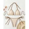 imageWomens 2 Piece Textured Color Block Swimsuit Halter Backless Bathing Suit Tie Side Thongs Bikini SetsBeige