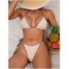 imageWomens 2 Piece Textured Color Block Swimsuit Halter Backless Bathing Suit Tie Side Thongs Bikini SetsBeige