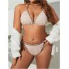 imageWomens 2 Piece Textured Color Block Swimsuit Halter Backless Bathing Suit Tie Side Thongs Bikini SetsPure Beige