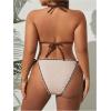 imageWomens 2 Piece Textured Color Block Swimsuit Halter Backless Bathing Suit Tie Side Thongs Bikini SetsPure Beige