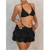 imageWomens 3 Piece Bikini Set Halter Triangle Swimsuit Bathing Suit with Tiered Layer Cover Up SkirtBlack