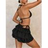 imageWomens 3 Piece Bikini Set Halter Triangle Swimsuit Bathing Suit with Tiered Layer Cover Up SkirtBlack