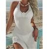 imageWomens 3D Floral Halter Knit Beach Dresses V Neck Sleeveless Bodycon Bathing Suit Cover UpApricot