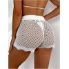 imageWomens Appliques Drawstring Waist Crochet Knit Cover Up Beach Shorts Hollow Out Sheer Swimwear ShortsWhite