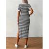imageWomens Casual Striped Maternity Dress Short Sleeve Sleeve Split Thigh Bodycon Dresses Pregnancy ClothesBlack