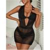 imageWomens Draped Halter Sheer Mesh Beach Dresses Backless Sleeveless Mini Swimsuit Cover Up BeachwearBlack
