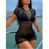 imageWomens Drawstring Ruched Swimsuit Coverup Short Sleeve Sheer Mesh Beach Dress Bathing Suit Cover UpBlack