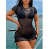 imageWomens Drawstring Ruched Swimsuit Coverup Short Sleeve Sheer Mesh Beach Dress Bathing Suit Cover UpBlack