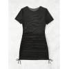 imageWomens Drawstring Ruched Swimsuit Coverup Short Sleeve Sheer Mesh Beach Dress Bathing Suit Cover UpBlack