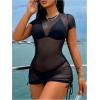 imageWomens Drawstring Ruched Swimsuit Coverup Short Sleeve Sheer Mesh Beach Dress Bathing Suit Cover UpBlack