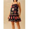 imageWomens Graphic Ruffle Hem Mini Vacation Dress Boho Spaghetti Strap Drop Waist Short DressesBlack