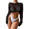 imageWomens Long Sleeve Crochet Cover Up Knitted Hollow Out Cropped Swimsuit Cover Ups TopsBlack