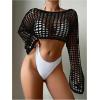 imageWomens Long Sleeve Crochet Cover Up Knitted Hollow Out Cropped Swimsuit Cover Ups TopsBlack