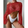 imageWomens Long Sleeve Crochet Cover Up Knitted Hollow Out Cropped Swimsuit Cover Ups TopsRed