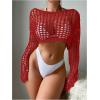 imageWomens Long Sleeve Crochet Cover Up Knitted Hollow Out Cropped Swimsuit Cover Ups TopsRed