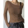 imageWomens Mesh Sheer Tops Off The Shoulder Long Sleeve See Through Shirts Going Out Party Club OutfitsBrown