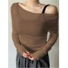 imageWomens Mesh Sheer Tops Off The Shoulder Long Sleeve See Through Shirts Going Out Party Club OutfitsBrown