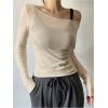 imageWomens Mesh Sheer Tops Off The Shoulder Long Sleeve See Through Shirts Going Out Party Club OutfitsKhaki