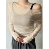 imageWomens Mesh Sheer Tops Off The Shoulder Long Sleeve See Through Shirts Going Out Party Club OutfitsKhaki