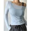 imageWomens Mesh Sheer Tops Off The Shoulder Long Sleeve See Through Shirts Going Out Party Club OutfitsLight Blue