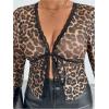 imageWomens Plus Size Leopard Lace Blouses Sheer Mesh Tie Front Long Sleeve Shirts Going Out TopsBrown