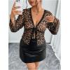 imageWomens Plus Size Leopard Lace Blouses Sheer Mesh Tie Front Long Sleeve Shirts Going Out TopsBrown