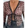 imageWomens Plus Size Leopard Lace Blouses Sheer Mesh Tie Front Long Sleeve Shirts Going Out TopsPink