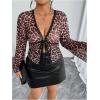 imageWomens Plus Size Leopard Lace Blouses Sheer Mesh Tie Front Long Sleeve Shirts Going Out TopsPink