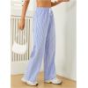 imageWomens Striped Print Straight Wide Leg Linen Pants Drawstring Waist Slant Pockets Pants Casual Long PantsLight Blue