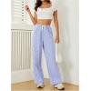 imageWomens Striped Print Straight Wide Leg Linen Pants Drawstring Waist Slant Pockets Pants Casual Long PantsLight Blue
