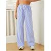 imageWomens Striped Print Straight Wide Leg Linen Pants Drawstring Waist Slant Pockets Pants Casual Long PantsLight Blue