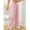 imageWomens Striped Print Straight Wide Leg Linen Pants Drawstring Waist Slant Pockets Pants Casual Long PantsRed