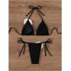 imageWomens Two Piece Bathing Suit Floral Appliques Halter Triangle Tie Side Thong Bikini SwimsuitsBlack With Floral
