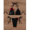 imageWomens Two Piece Bathing Suit Floral Appliques Halter Triangle Tie Side Thong Bikini SwimsuitsBlack and Red