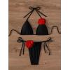 imageWomens Two Piece Bathing Suit Floral Appliques Halter Triangle Tie Side Thong Bikini SwimsuitsBlack and Red