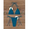 imageWomens Two Piece Bathing Suit Floral Appliques Halter Triangle Tie Side Thong Bikini SwimsuitsBlue