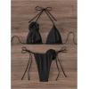 imageWomens Two Piece Bathing Suit Floral Appliques Halter Triangle Tie Side Thong Bikini SwimsuitsSolid Black