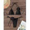 imageWomens Two Piece Bathing Suit Floral Appliques Halter Triangle Tie Side Thong Bikini SwimsuitsSolid Black