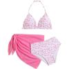 imageGirls 3 Piece Swimsuits Floral High Waisted Bikini Bathing Suit with Mesh Coverups SkirtPink and White