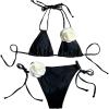 imageWomens 2 Piece Bathing Suit Floral Appliques Halter Tie Back Triangle Bikini SwimsuitsBlack