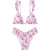 imageWomens 2 Piece Bikini Sets High Cut Ruffle Trim Triangle Floral Bathing Suit Wireless Tie Back SwimsuitHot Pink