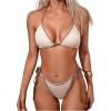 imageWomens 2 Piece Textured Color Block Swimsuit Halter Backless Bathing Suit Tie Side Thongs Bikini SetsBeige