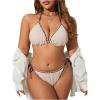 imageWomens 2 Piece Textured Color Block Swimsuit Halter Backless Bathing Suit Tie Side Thongs Bikini SetsPure Beige