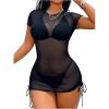 imageWomens Drawstring Ruched Swimsuit Coverup Short Sleeve Sheer Mesh Beach Dress Bathing Suit Cover UpBlack