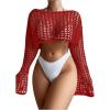 imageWomens Long Sleeve Crochet Cover Up Knitted Hollow Out Cropped Swimsuit Cover Ups TopsRed